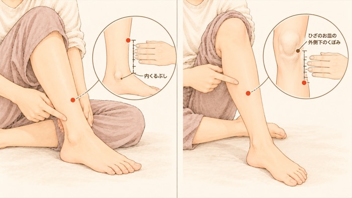 足の便秘のツボ三陰交・足三里の位置（内くるぶしから指4本上・ひざのお皿の外側下のくぼみから指4本下）