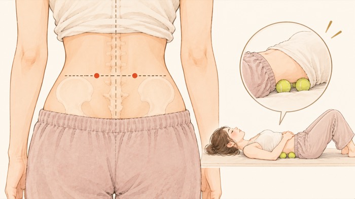 背中の便秘のツボ大腸兪の位置（腰骨の高さ・背骨から指2本外側）